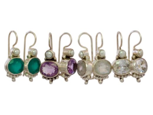 Antieke replica oorhangers - groene onyx, amethist, maansteen, zirkon - E3012