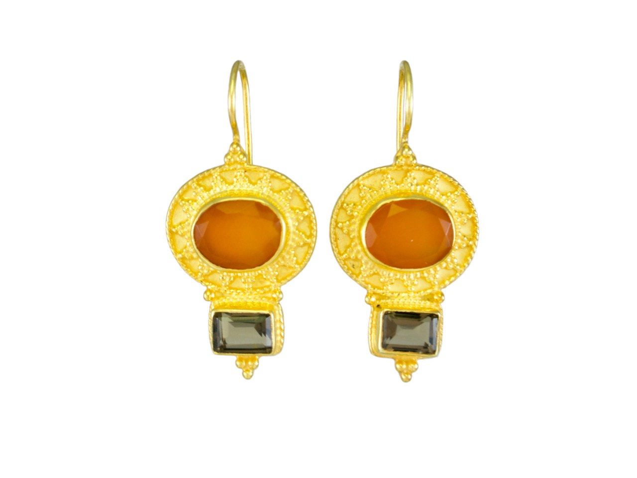 Asian Etruscan inspired earrings with carnelian and smokey topaz E9506