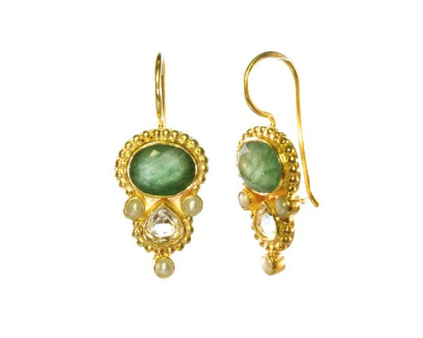 Earring With Oval Jade And Tear Drop Citrine In Etruscan Setting – E13118