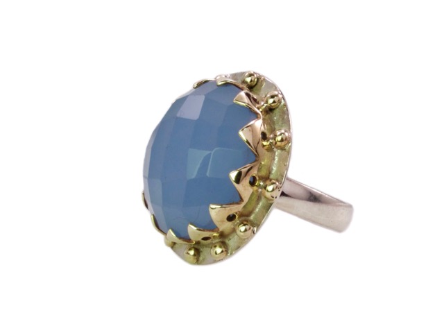 Blue chalcedony cocktail ring round crown setting – R1139