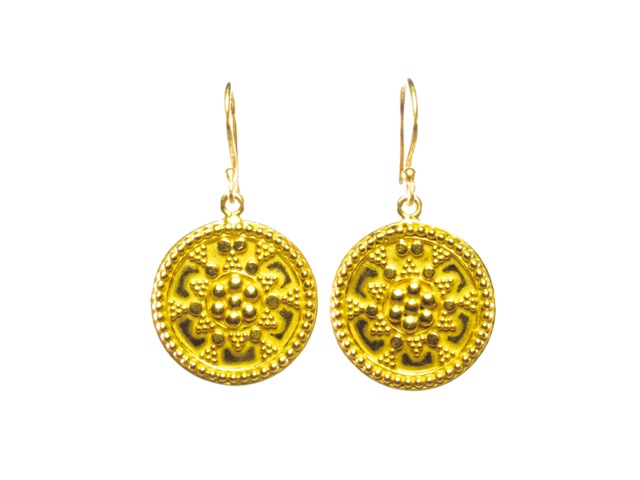 Gold plated big coin earring Asian Etruscan – E1050