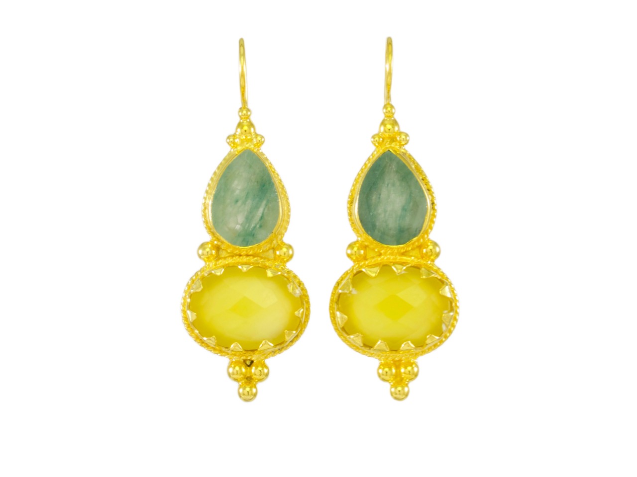 Etruscan long earring jade and yellow onyx – E1317