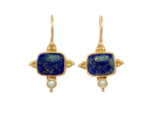 Asian Etruscan Earrings Lapis Lazuli And Pearl – E1432